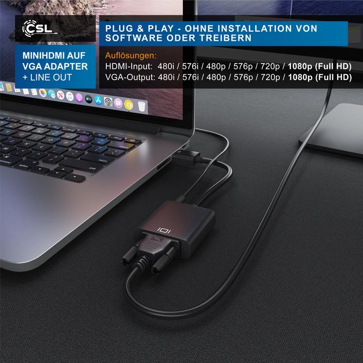Immagine prodotto CSL Adattatore da HDMI Tipo C (Mini) a VGA e Jack da 3,5 mm, adattatore video/audio Full HD da Mini (VGA, 10 cm)