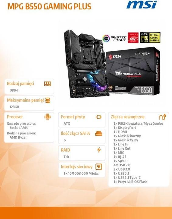 Produktbild MSI MPG B550 GAMING PLUS (AM4, AMD B550, ATX)