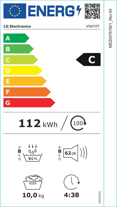 Energy Label LG V9AYXT (10 kg, Left)