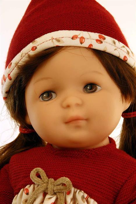 Produktbild Schildkröt Puppe Strampelchen 37 braune Haare, braune Malaugen, Kleidung weiss/rot/beige