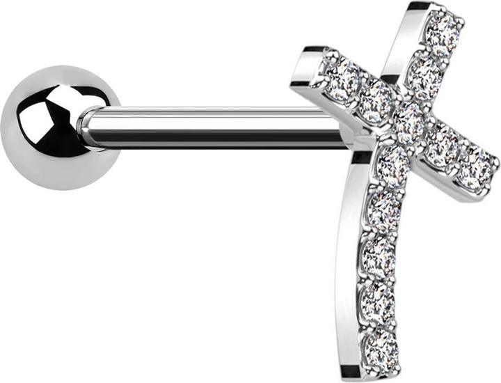 Star Piercing Micro Barbell silber mit Kugel gebogenes Kreuz mit Kristallen (Chirurgenstahl 316L, Messing)