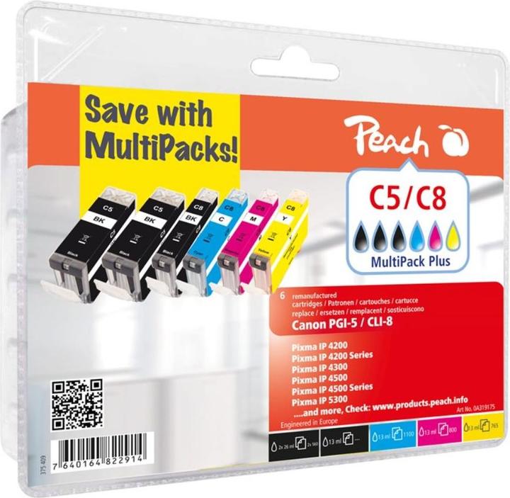 Produktbild Peach Tinte Canon GI-5 / CLI-8 2x BK, 1x PBK, 1x C, 1x M, 1x Y (M, BK, Y, PBK, C)
