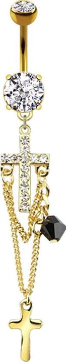 Immagine prodotto Star Piercing Banana placcata in oro 14k con due sfere di cristallo, croce e catene d'argento con ciondolo (Acciaio chirurgico 316L, Ottone)