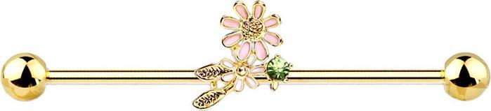 Star Piercing Barbell 14k vergoldet mit Blüten und Blätter (Chirurgenstahl 316L, Messing)