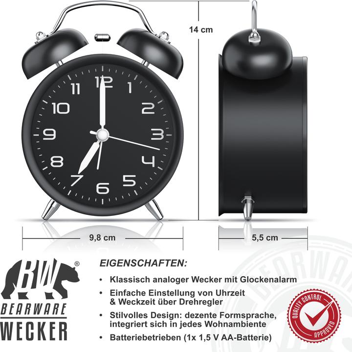 Produktbild Bearware Wecker analog, rund, mit Licht, Retro, lauter Glockenalarm, Beleuchtet, ohne Ticken, Vintage