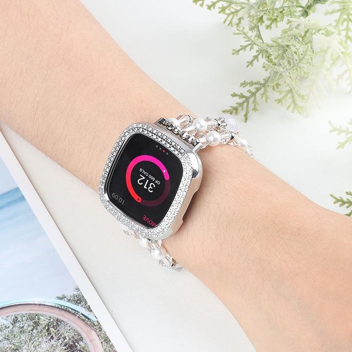 Produktbild Cover-Discount Fitbit Versa 4 / Sense 2 - Perlen Strass Armband weiss (Edelstahl)