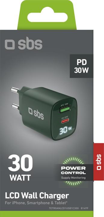 Image du produit SBS Chargeur mural avec écran LCD, 1 sortie USB-C-PD-30W, 1 sortie USB-A-18W (30 W)