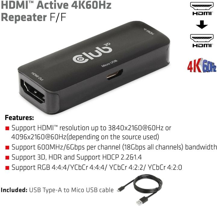 Immagine prodotto Club 3D Ripetitore Club3D HDMI > HDMI 4K60Hz attivo Bu/Bu al dettaglio (0.06 m)
