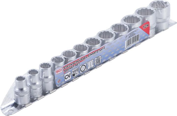 BGS Steckschlüssel-Einsatz-Satz, Zwölfkant Antrieb Innenvierkant 10 mm (3/8") SW 8 - 19 mm 12-tlg.