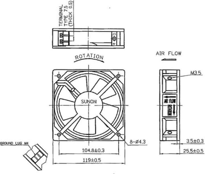 Actual product image Sunon FAN 230VAC CONDUCTOR 120 x 120 x 25mm (120 mm)