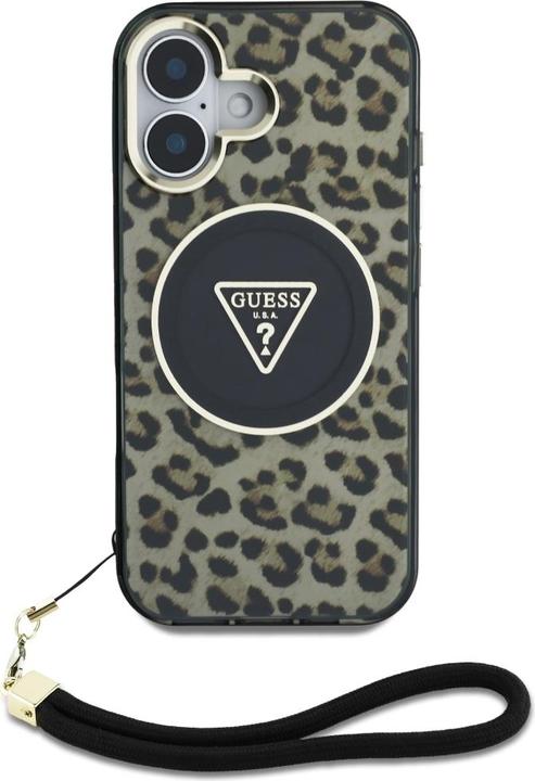Actual product image Guess HC IML Leopard Triangle Cord Strap MagSafe iPhone 16 Case - Brown (Apple iPhone 16)