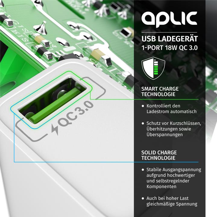 Produktbild Aplic USB Ladegerät 18W Quick Charge 3.0, Schnellladefunktion, für Smartphones, Tablets, weiss (18 W)