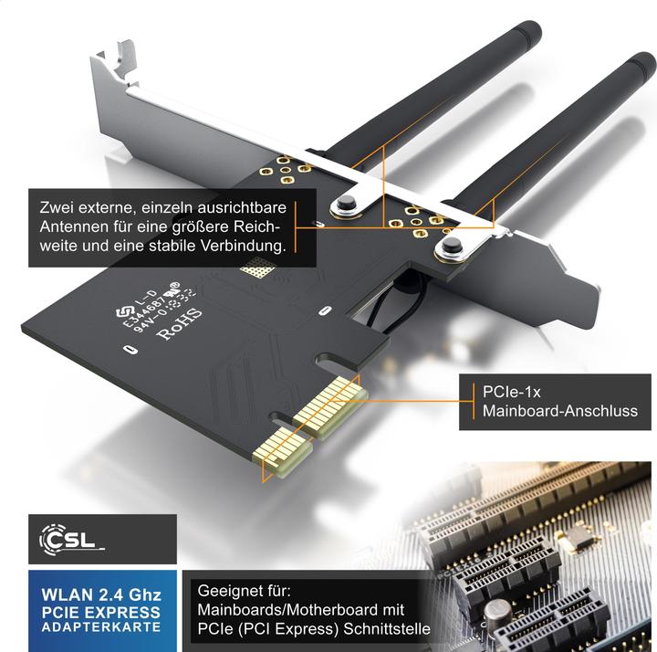 Actual product image CSL WLAN network card 2.4 Ghz PCIe, 300 Mbit/s WiFi adapter card with 2x external antennas (Mini PCI Express)
