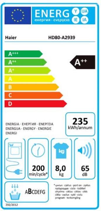 Energie-Label Haier HD80-A2939 (8 kg, Links)