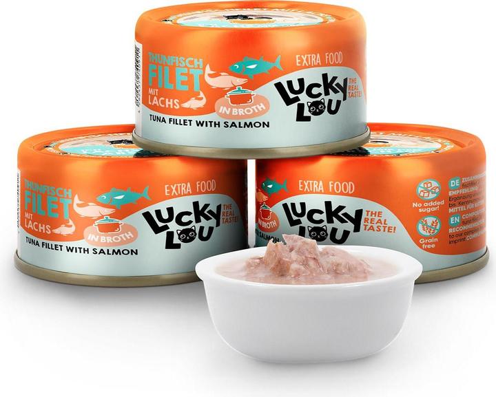 Produktbild Lucky Lou Thunfisch & Lachs in Brühe 70g (Adult, 12 Stk., 70 g)