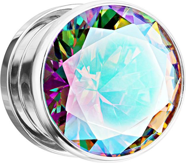 Star Piercing Flesh Plug silber mit grossem Kristall multicolor (Chirurgenstahl 316L, ohne Messing)