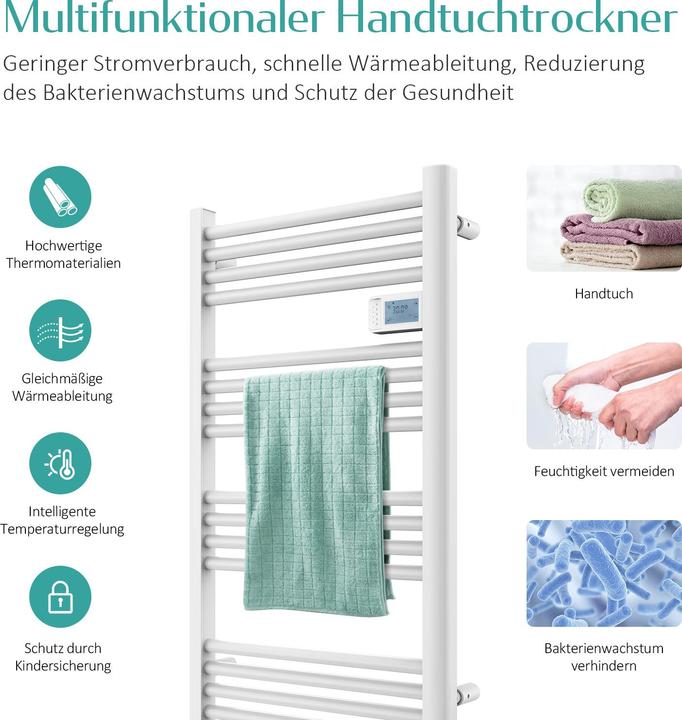 Produktbild Emke Badheizkörper Handtuchhalter Einstellbare Temperaturregelung 96x54cm Weiss 500W (500 W)