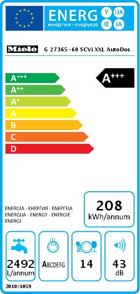 Label énergétique Miele G 27365-60 SCVi XXL AutoDos