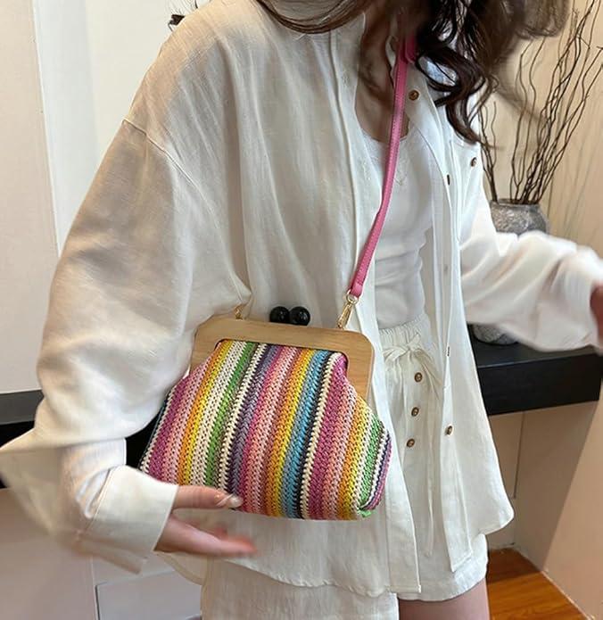Image du produit Only-Bags.Store Sac à bandoulière tissé vintage, embrayage Shell à rayures multicolores, fermeture à ressort en bois