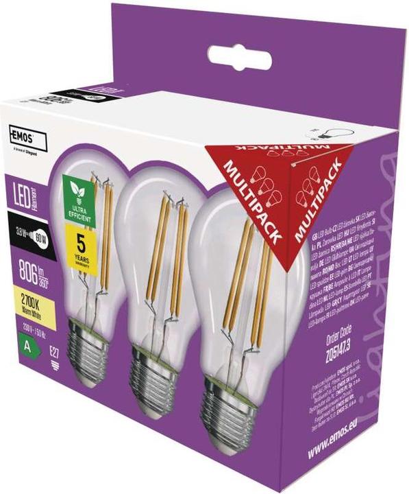 Immagine prodotto Emos Lampada LED a filamento A60 / E27 / 3,8 W (60 W) / 806 lm / Bianco caldo (E27, 3.80 W, 806 lm, 3 x, A)