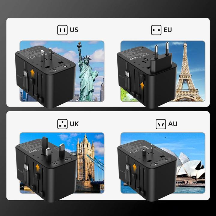 Actual product image Choetech PD5021 45W EU/US/AUS/UK Travel Adapter with Built-in USB-C Cable - Black