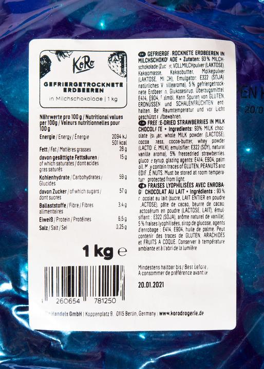Valori nutrizionali e ingredienti KoRo Fragole liofilizzate in cioccolato al latte (1000 g)