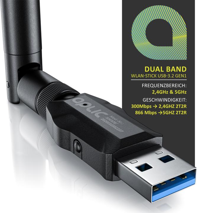 Immagine prodotto Aplic Chiavetta WLAN, adattatore WIFI 1200MBit/s, 2.4Ghz + 5Ghz dual band, antenna esterna 5 dBi, dongle (USB-C 3.2 Gen 1)