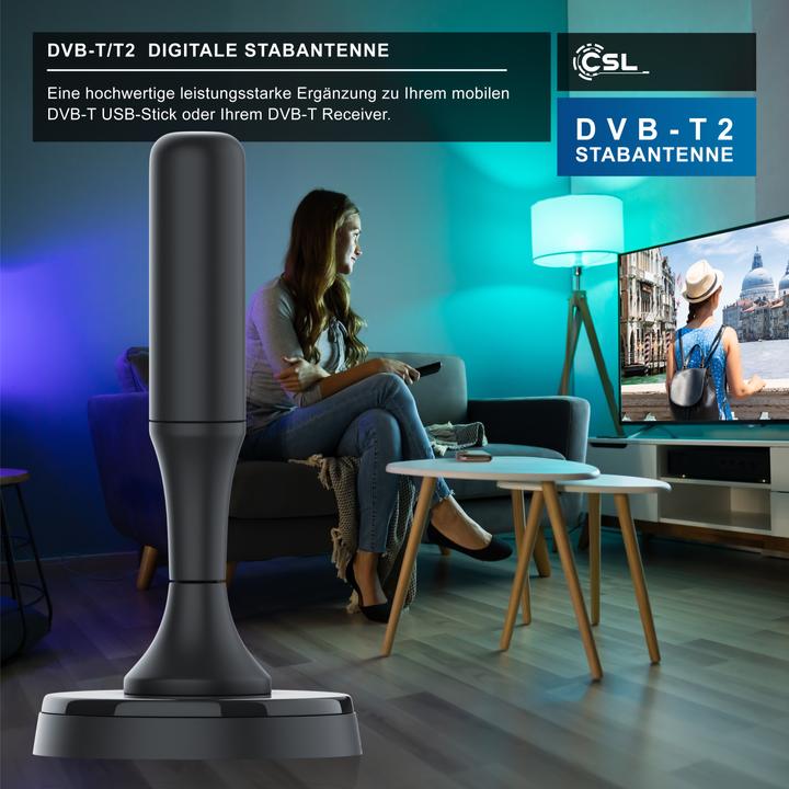 Actual product image CSL DVB-T2 rod antenna for indoor use, digital antenna with 4m cable / incl. F-plug adapter (Monopole antenna, 5 dB, DVB-T / -T2)