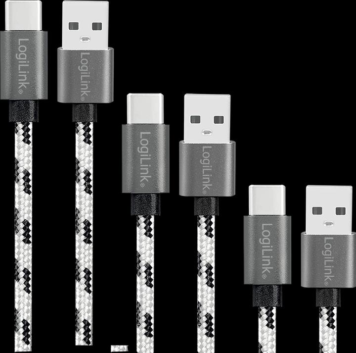 Produktbild LogiLink USB 2.0 Type-C Kabel-Set, C/M zu USB-A/M, Alu, Nylon, weiss/schwarz (2 m, USB 2.0, 10 W)