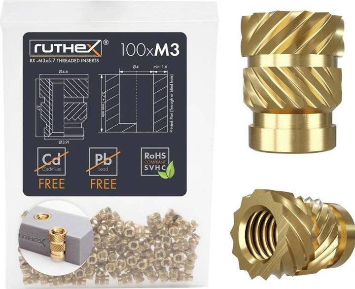 Image du produit Ruthex M3 Gewindeeinsatz - 100 Stück RX-M3x5.7 BLEIFREIE Gewindebuchsen aus Messing (Accessoire)
