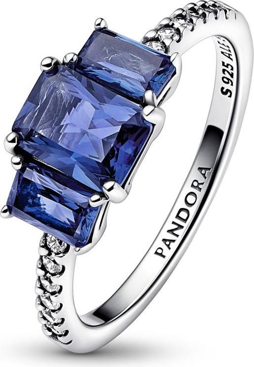 Actual product image Pandora Blue Rectangular Three Stone Sparkling Ring (50, 925 Silver)