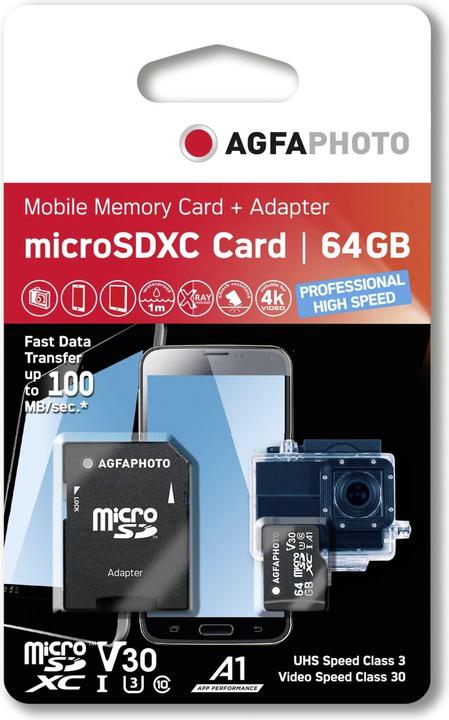 Produktbild AGFAPHOTO MicroSDXC UHS I 64GB Prof. High Speed U3 V30 A1 (64 GB, microSDXC, U3, UHS-I)