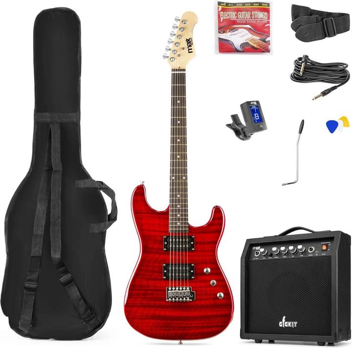 Max Electric Guitar GigKit Quilted Style Red (Electric guitar, Wood)