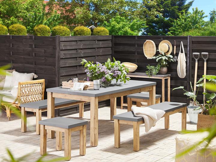 Produktbild Beliani Gartenmöbel Set Beton / Akazienholz grau 8-Sitzer 2 Bänke 2 Hocker OSTUNI (180 cm)