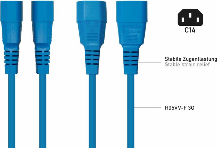 Produktbild Kabelmeister Kaltgeräteverlängerung Kaltgeräte-Stecker C14 an Kaltgeräte-Buchse C13, blau, 0,75mmÂ² (2 m, C14)