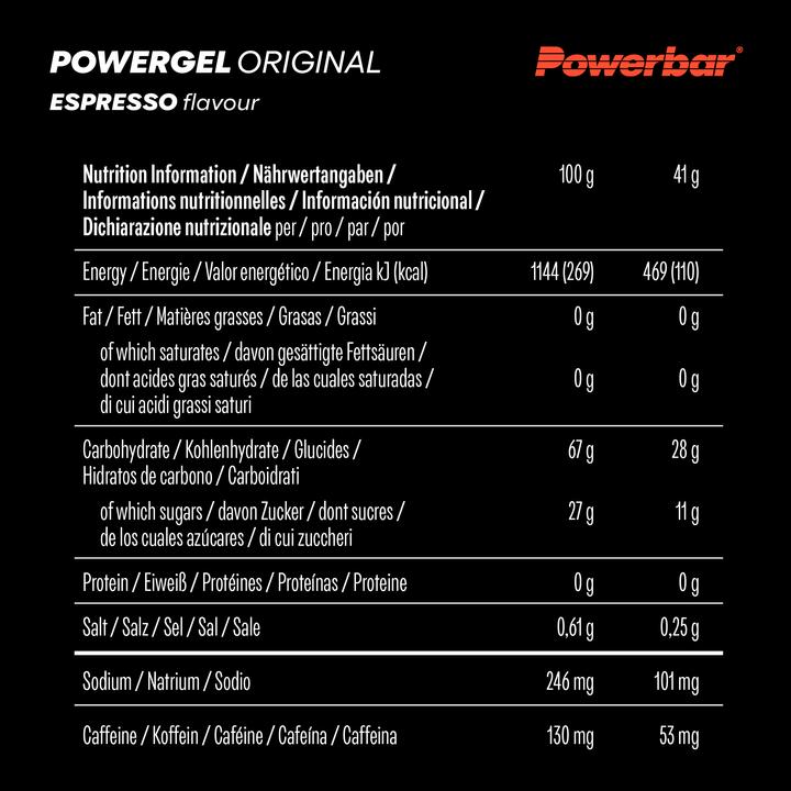 Nährwerte und Zutaten Powerbar PowerGel Original (Espresso, Koffein, 24 Stk., 984 g)