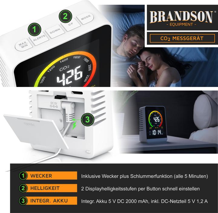 Image du produit Brandson CO2 Messgerät, Luftqualität Melder, Kohlendioxidmessung, Luftqualität Sensor, Raumluft-Qualität