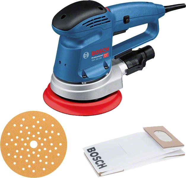Image du produit Bosch Professional Ponceuse excentrique GEX 34-150, plateau de ponçage, 1 x poussière de papier, 1 x roue d'aspiration. (Ponceuse excentrique, 340 W)