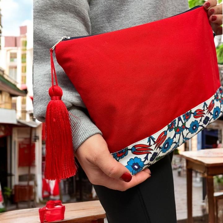 Atölye No:35 Kulturtasche Damen, Kosmetiktasche Rot, Ethnisches Muster, 32x24 cm