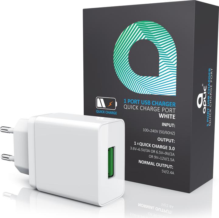 Produktbild Aplic USB Ladegerät 3000 mA, Quick Charge 3.0 USB-Ladegerät 1x USB A QC 3.0 Port / max. 3A über QC, weiss (18 W)