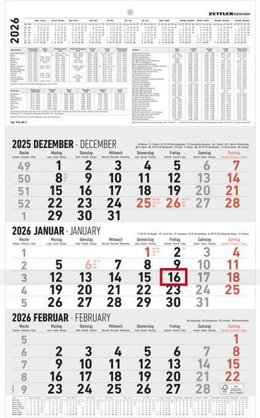 Produktbild 3-Monatskalender gross 2026 - Büro-Kalender 30x48,8 cm (geöffnet) - mit Datumsschieber - - (Deutsch, Italienisch, Französisch, Englisch)