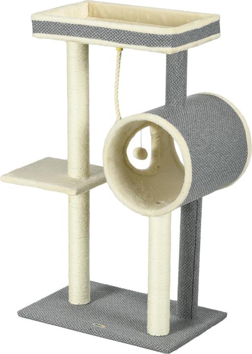 Actual product image PawHut Scratching post with cat bowl and play ball (104 cm, Beige, Cream, Cream white, Grey)