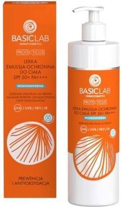 Actual product image BasicLab BASICLAB Protecticus lekka emulsja ochronna do ciała SPF50+ PA+++++ Prewencja i Antyoksydacja 300ml (Suntan cream, SPF 50+, 300 ml)