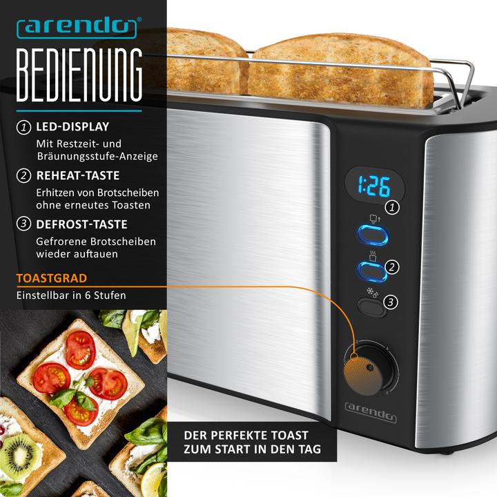 Produktbild Arendo Frühstücks Set, 2-Scheiben Langschlitz Toaster mit Brötchenaufsatz & Eierkocher für 6 Eier, Silber