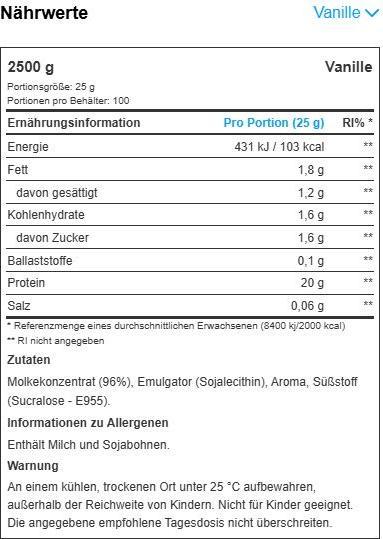 Nutritional values and ingredients MyProtein Impact Whey Isolates (Vanilla, 1 pcs., 2500 g)