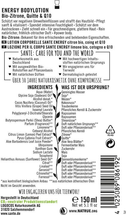 Produktbild Sante Energy Bodylotion Bio-Zitrone & Quitte & Q10 (Körpercreme, 150 ml)