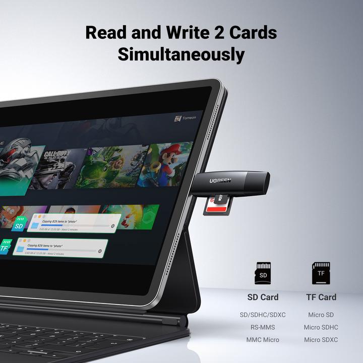 Immagine prodotto Ugreen CM304 Adattatore USB + USB-C Lettore di schede SD + microSD (nero) (USB-C)