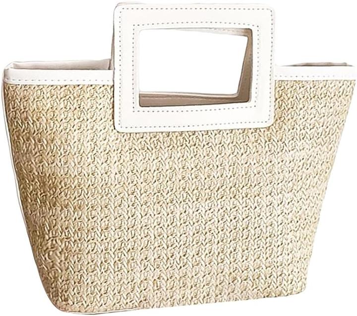 Produktbild Only-Bags.Store Stroh gewebt Handtasche, Boho Style Tote Bag, Sommer Tasche für Frauen, Stroh Kontrast Handtasche