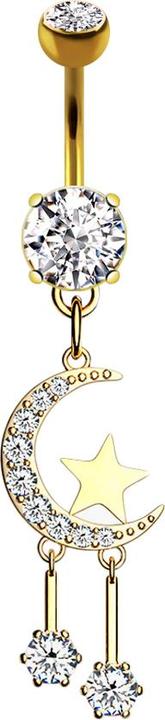 Star Piercing Banane 14k vergoldet mit zwei Kugeln Kristall silber Anhänger Mond und Sterne (Chirurgenstahl 316L, Messing)