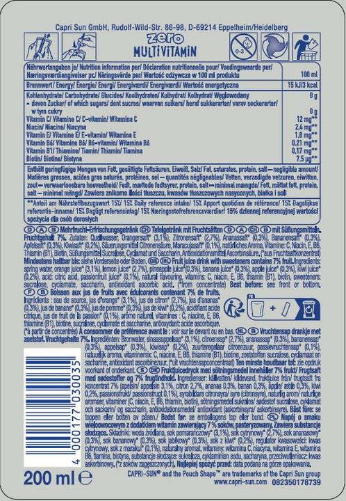 Valeurs nutritives et ingrédients Capri-Sun Multivitamines Zéro (10 x 20 cl)